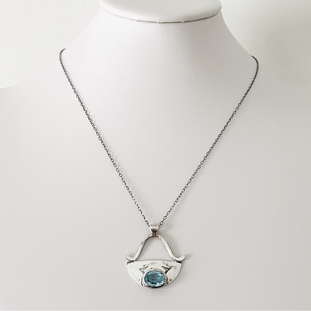 Sterling silver bezel set aquamarine handmade vintage necklace pendant